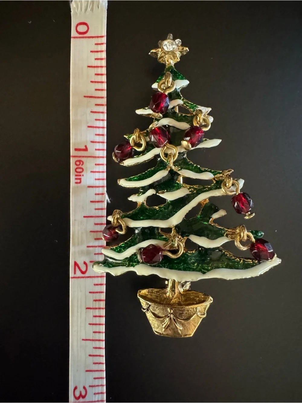 Vintage Avon Christmas Tree Brooch - Enamel & Dangling Red Glass